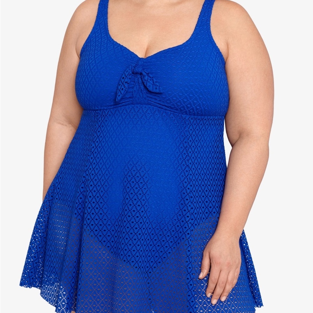 Swim Solutions COBALT BLUE Plus Size Knot-Front Tummy-Control Swimdress US 22W